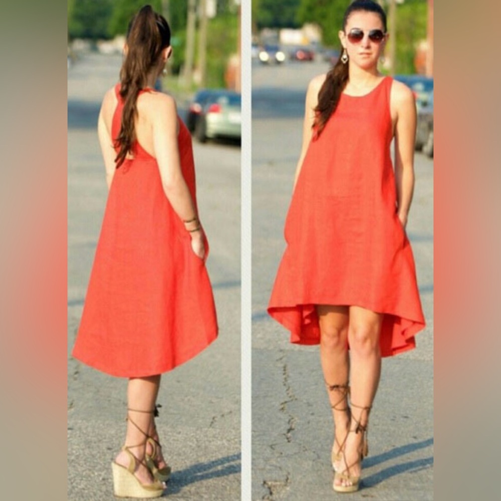 Banana Republic Linen‎ Trapeze High-Low Dress Blooming Red Orange Size 2 Petite